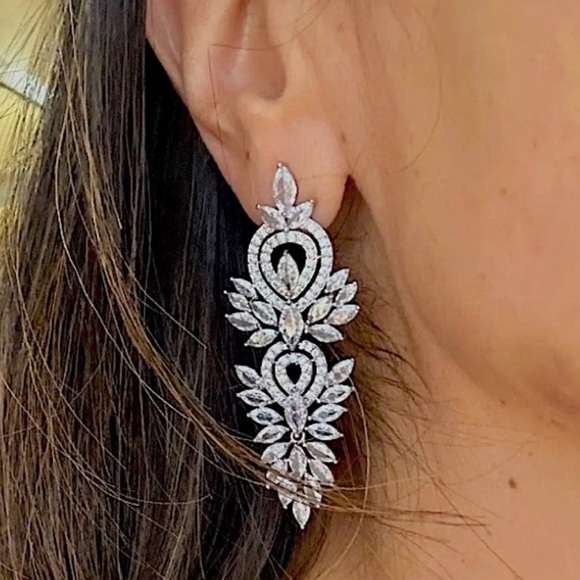 Silver Cubic Zirconia Wedding Earrings, Bridal, Dangle, Anniversary - Picture 3 of 10